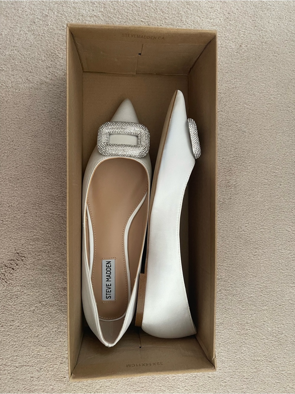 Steve Madden Ivory Satin Pointed Flats with Rhinestone Buckle